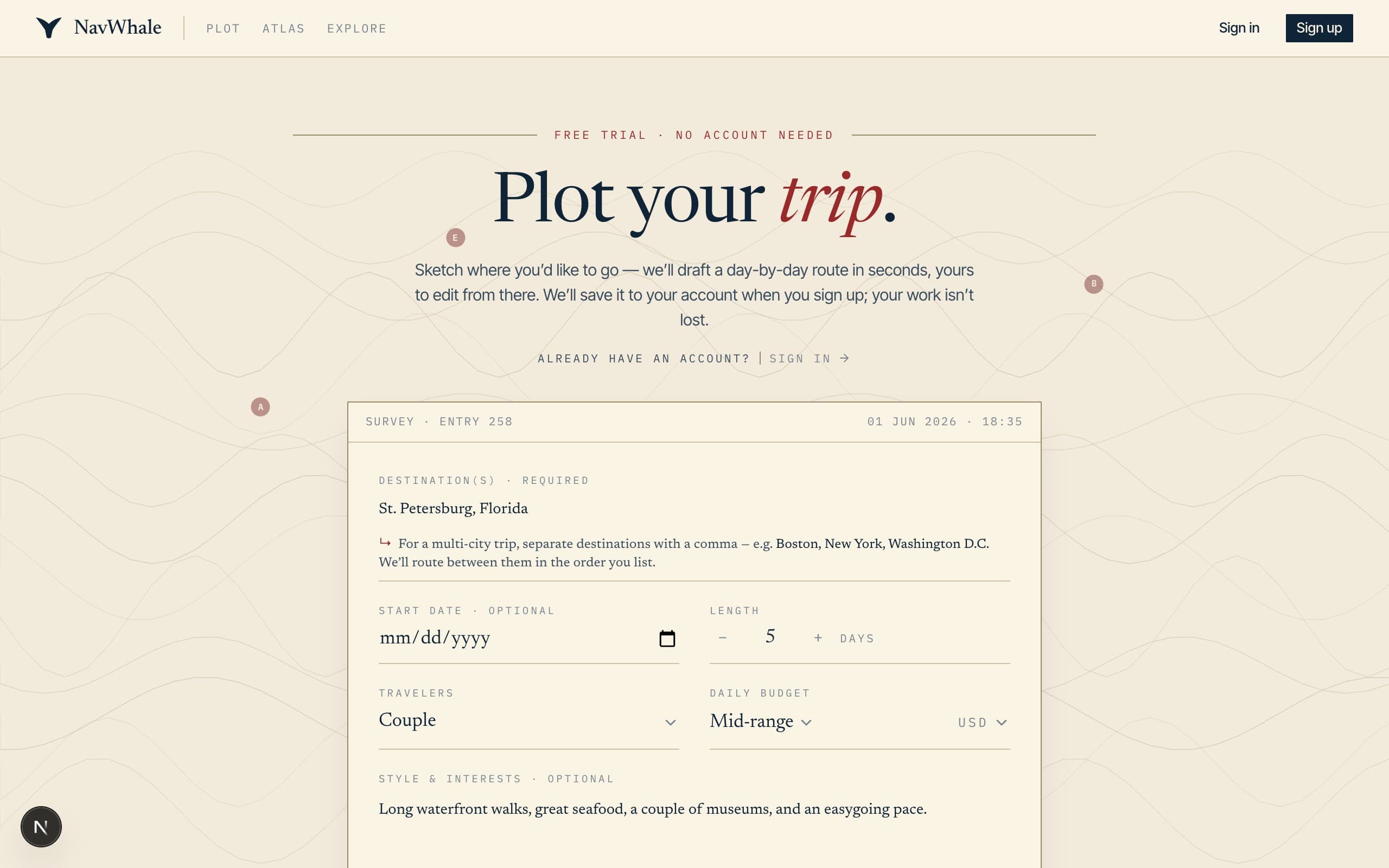 The NavWhale trip composer with destination, dates, travelers, and a style note filled in.