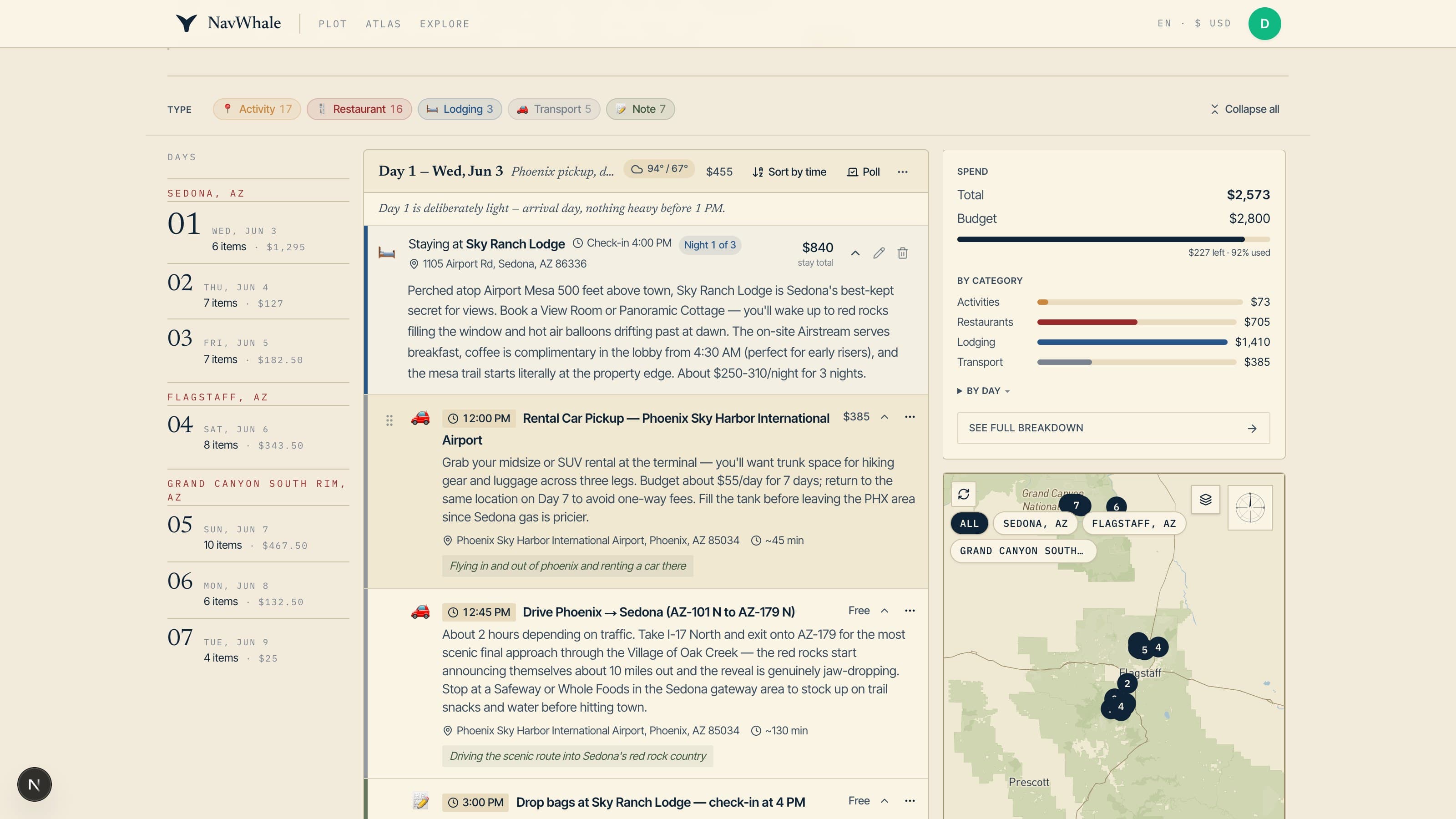 The NavWhale workspace: a day-by-day itinerary with item details, a spending breakdown, and a route map.
